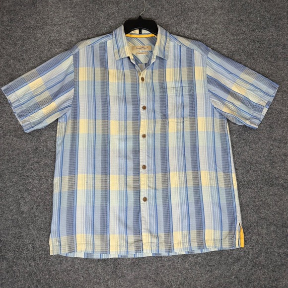 Tommy Bahama‎ Silk Shirt Plaid Short Sleeve Button Up Casual Men's Blue Large - Picture 1 of 7